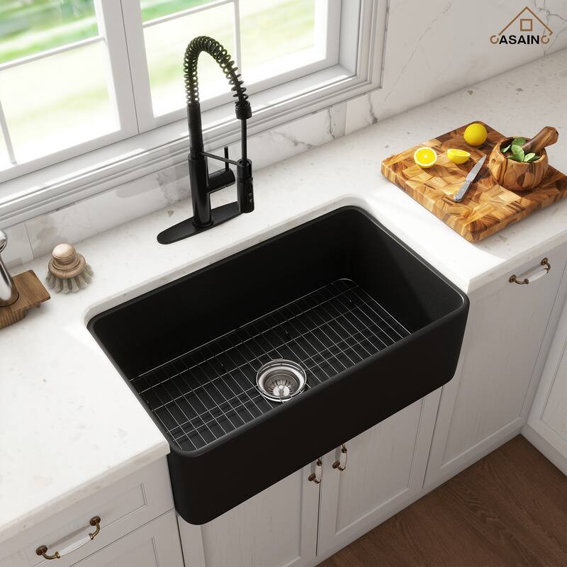 Farmhouse/Apron-Front Single Bowl Fireclay Kitchen Sink with 3-Function Pull-Down Kitchen Faucet, Grid, and Basket Strainer