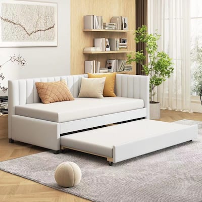 Linen Upholstered Daybed with Trundle, Twin Size Sofa Bed Frame, Space-Saving