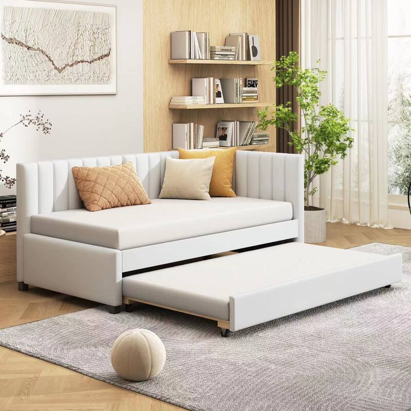Twin Size Upholstered Daybed with Trundle, Linen Fabric Sofa Bed Frame, No Box Spring Needed - Beige