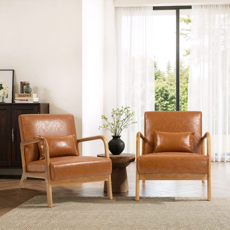 2 Set Mid-Century Modern Faux Leather Accent Chairs with Cushion - Brown/Natural wood