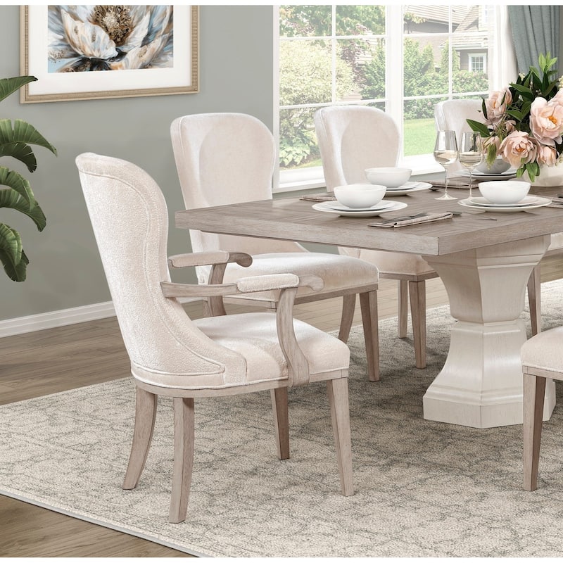 Modern Dining Set Extendable Table Armchairs Side Chairs Ivory Fabric Upholstered Furniture - 9pc Set