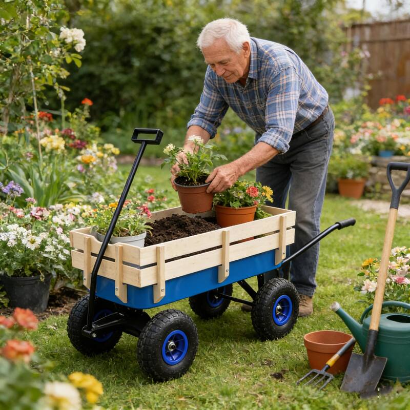 Anmytek Garden Cart Utility Wagon with Inflatable Tires Outdoor Hauler Blue Wooden