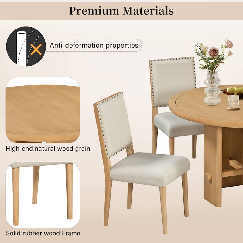 Roomfitters Farmhouse Round Dining Table Set, 4 Solid Wood Upholstered Chairs, 5-Piece Kitchen Furniture
