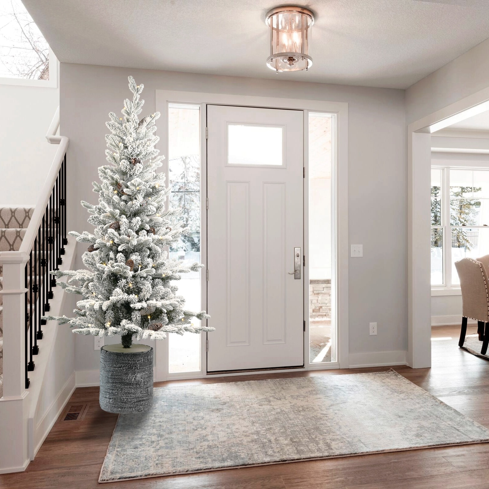 Pre-Lit Flocked Tabletop Tree - Warm White LED Lights, PE+PVC Branches, Pine Cones, Pot Base - White+Green