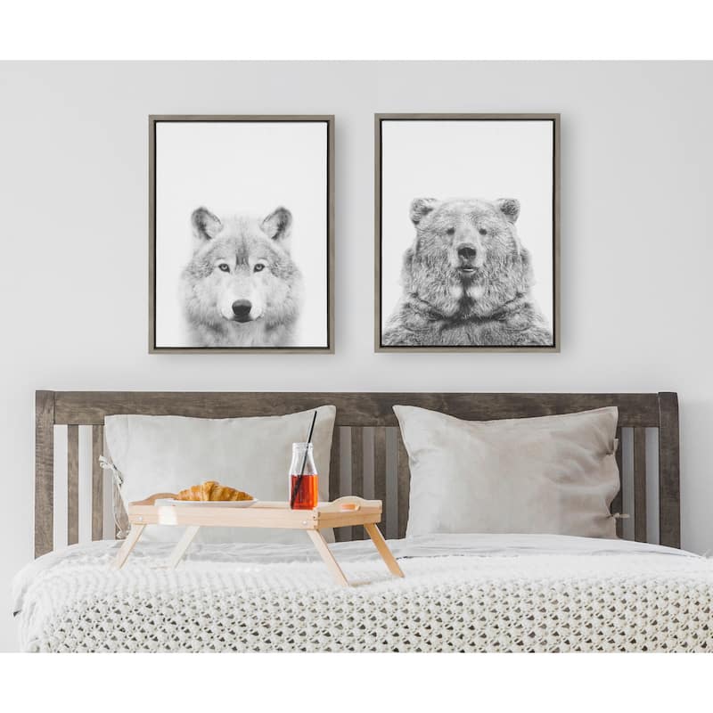 Kate and Laurel Sylvie Wolf And Bear Framed Canvas Set by Tai Prints - Gray
