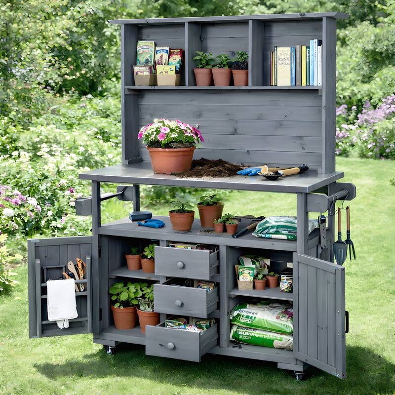 65" Outdoor Potting Bench with Stainless Steel Top, Rolling Garden Workstation with Hutch & Storage
