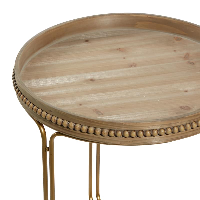 Wooden Round Beaded Nesting Accent Table - Set of 2 Brown - Roche River Decor - 24"Wx24"Lx26"H