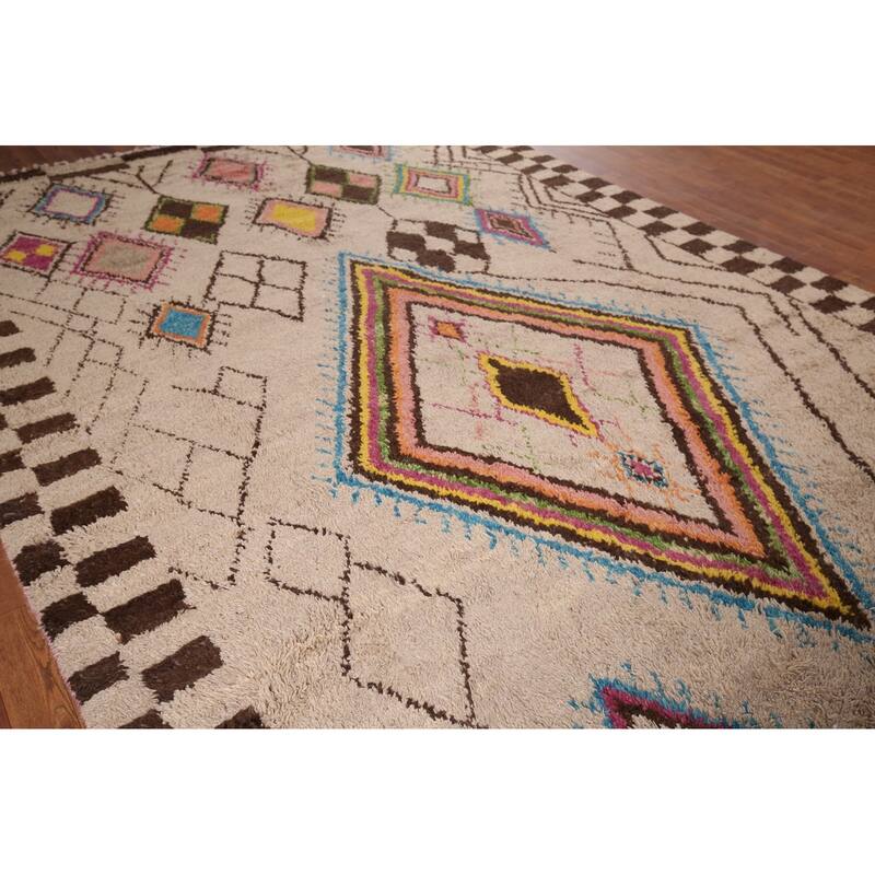Hand Knotted Oriental 100% Wool Carpet Modern Tribal Beige & Ivories Moroccan Area Rug - 10' 3'' X 7' 6''