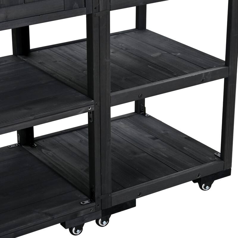 Solid Wood 62.3'' Patio Kitchen Island Kitchen Cart with Stainless Table Top, Garden Potting Bench with Raised Shelf and Drawers