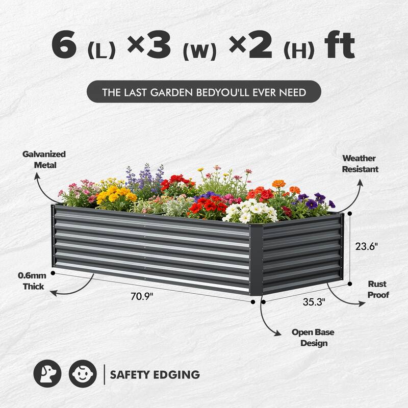 Meyreso 6ft x 3ft x 2ft Galvanized Metal Raised Garden Bed, Durable Outdoor Planter, Rust Resistant, Safety Edging