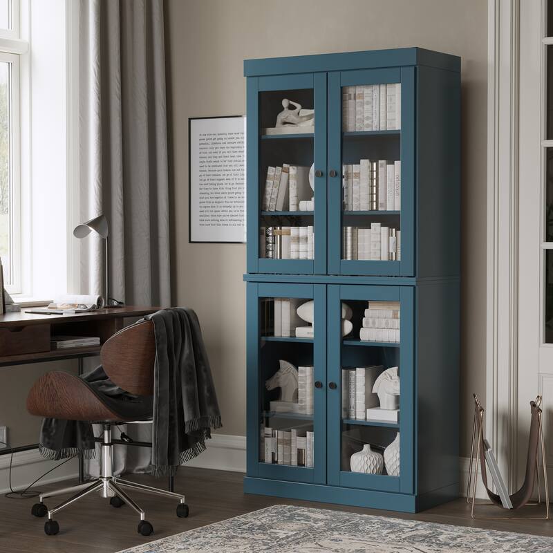Palace Imports Solid Wood 6-Shelf Bookcase, Clear Glass Doors, Adjustable Shelves - Teal Blue