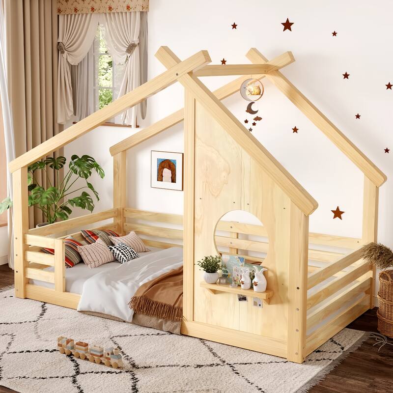 Montessori Kids House-shaped Floor Bed with Window and Shelf