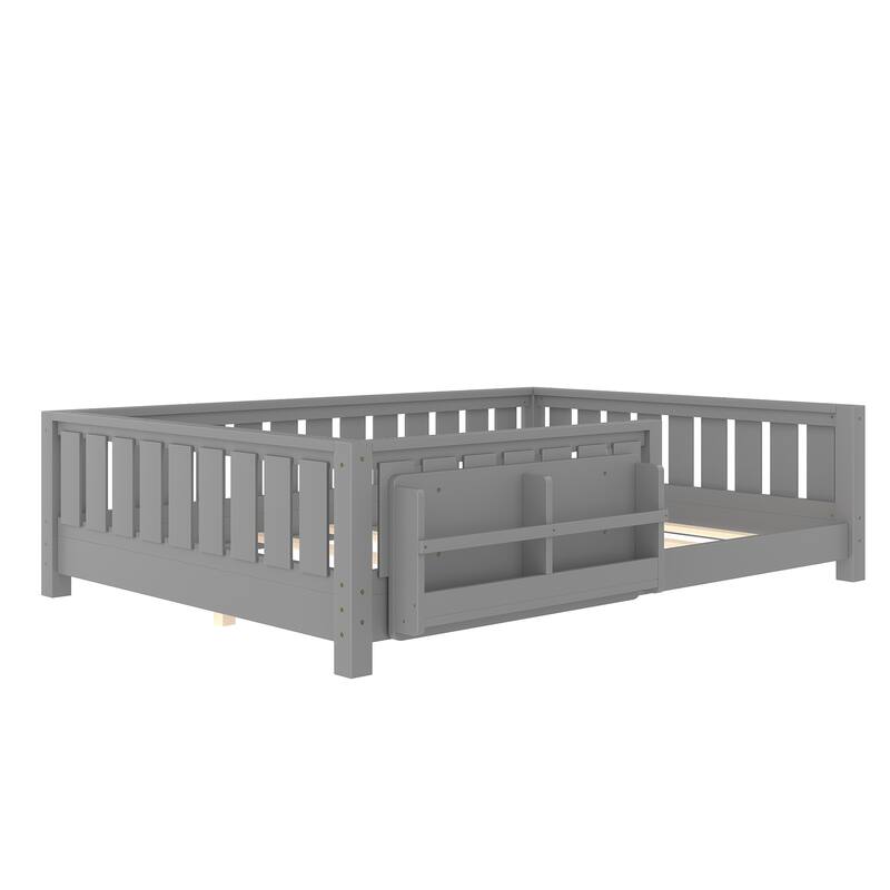 Montessori Floor Bed Low Profile Kids Bed with Rails & Bookshelf