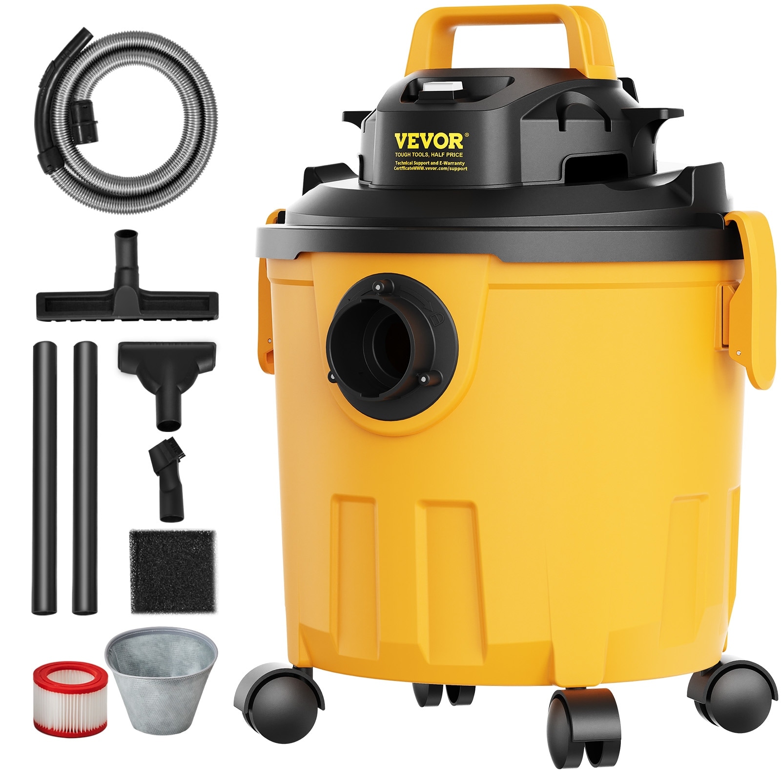 VEVOR Steel Wet Dry Shop Vacuum,Powerful Suction,Small Shop Vac Perfect for Carpet Debris,Pet Hair