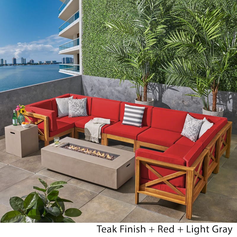 Brava Outdoor Acacia Wood 8 Seater U-Shaped Sectional Sofa Set with Fire Pit by Christopher Knight Home