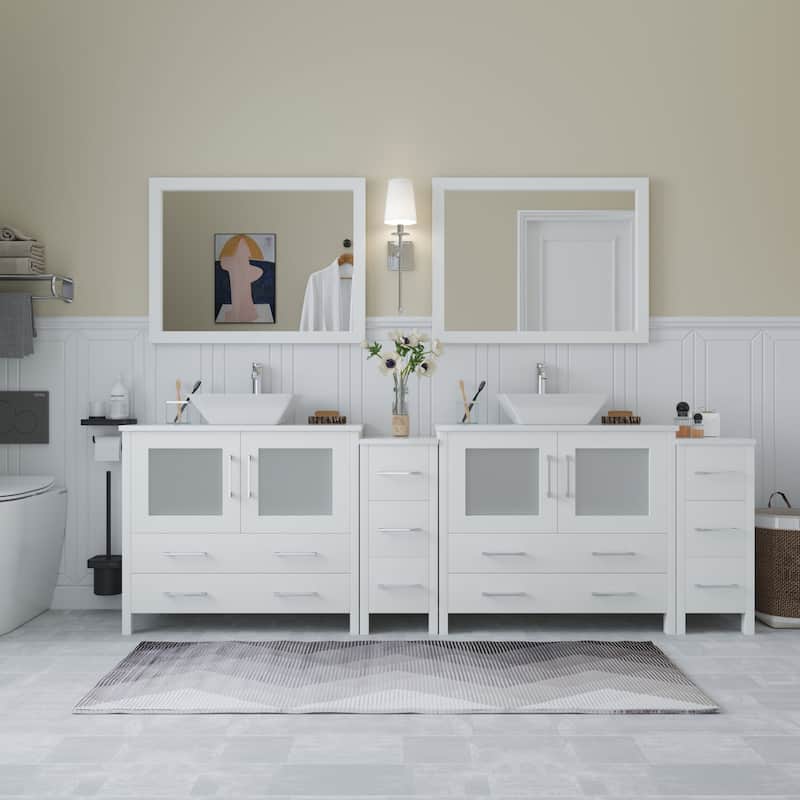 Vanity Art 96" Double Sink Bathroom Vanity Set with Engineered Marble Top and Free Mirror - White