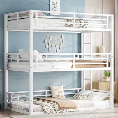 Metal Triple Bunk Bed with Safety Guardrails - Heavy-duty, Noise-reduced Design