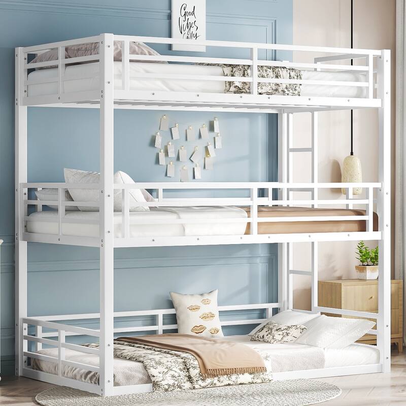 Twin over Twin over Twin Bunk Bed, Metal Triple Bunk Bed with Safety Guardrails, Heavy-duty Bunk Bed with Noise-reduced Design - White