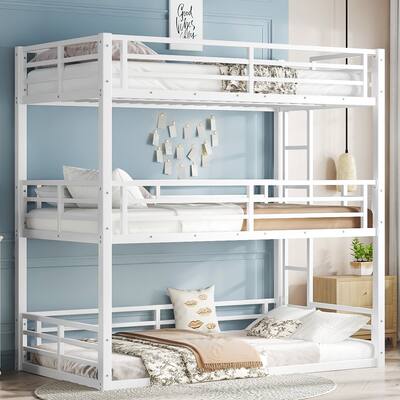 Twin over Twin over Twin Bunk Bed, Metal Triple Bunk Bed with Safety Guardrails, Heavy-duty Bunk Bed with Noise-reduced Design
