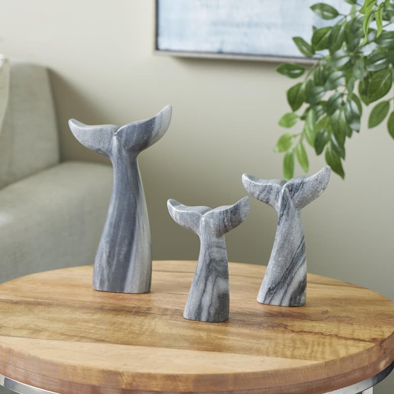 Marble Whale Tail Decorative Sculpture - Set of 3 White or Gray - Roche River Decor
