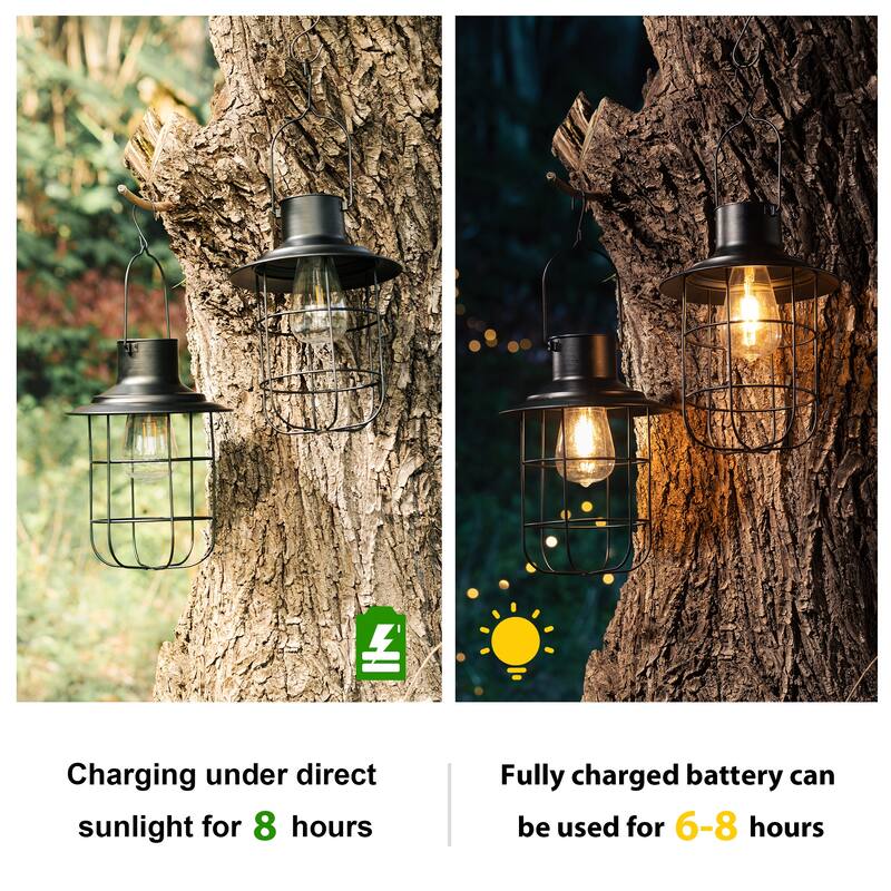 Glitzhome 9.75"H Set of 2 Industrial-Style Wire Solar Powered Outdoor Hanging Lantern