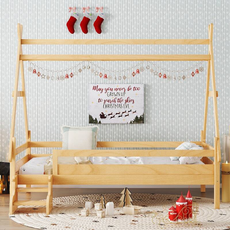 Twin House Platform Bed with Stairs, Solid Wood Twin Bed Frame, Low Profile and Childlike Fun Design