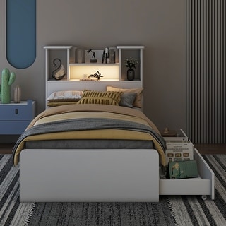 Twin Size Storage Platform Bed Frame with 4-Shelves & 2-Drawers, White Finish Kids Bed Frame with LED Light and Silent Slats