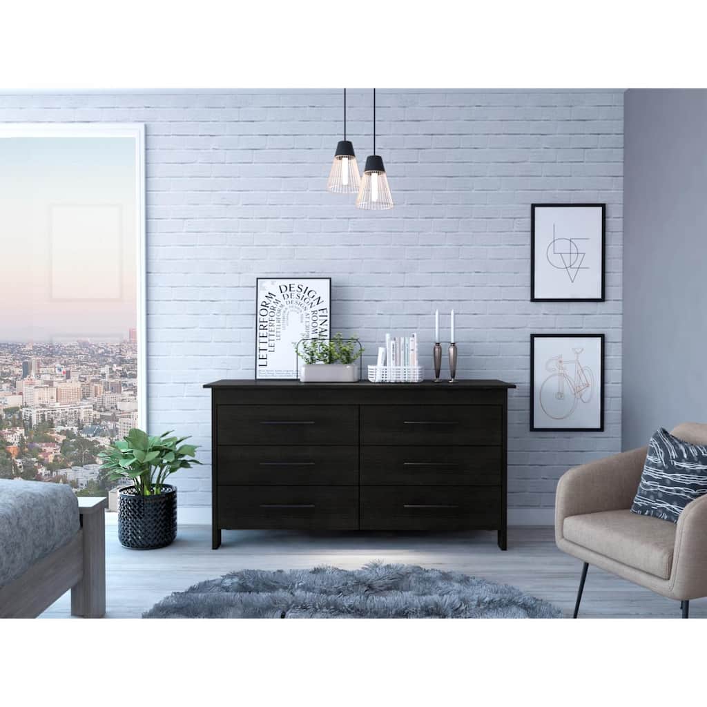 6-Drawer Double Dresser in Black Finish with Four Legs, Superior Top, Smooth Glide Drawers, and Contemporary Look