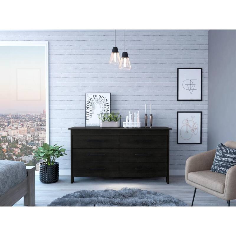 6-Drawer Double Dresser in Black Finish with Four Legs, Superior Top, Smooth Glide Drawers, and Contemporary Look