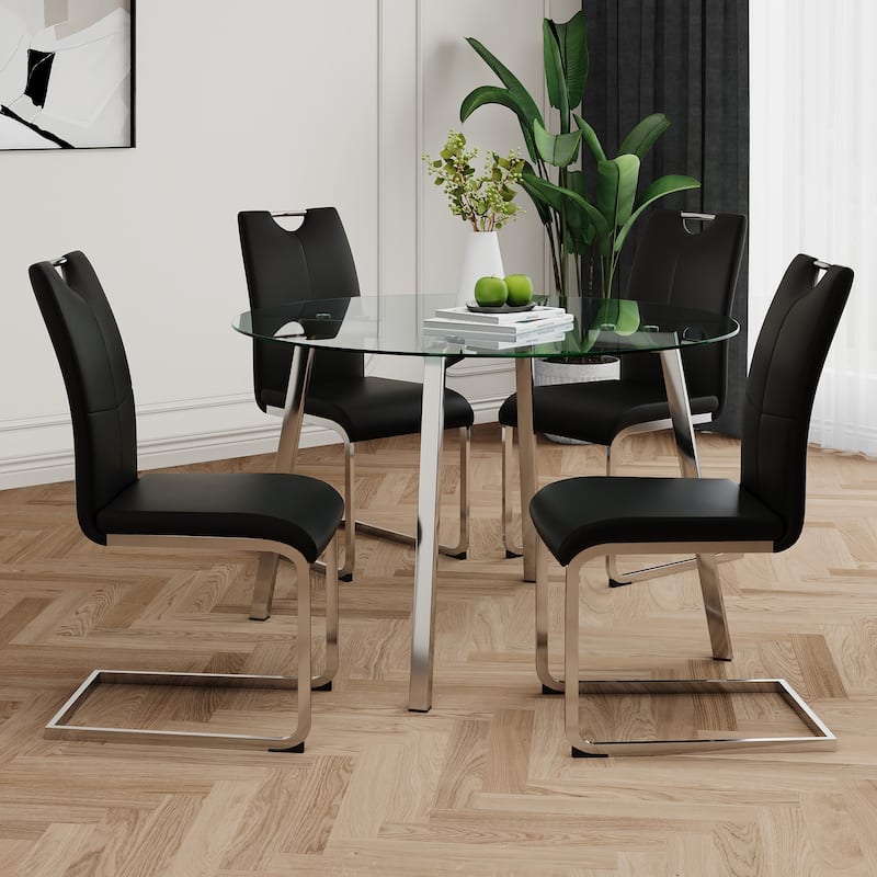 47.2" Round Glass Dining Table Set for 4, Modern 5-Piece Kitchen & Dining Table with 4 PU Chairs for Apartments, Kitchens