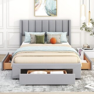 Full Size Upholstered Platform Bed with Headboard,Storage Drawers in Footboard