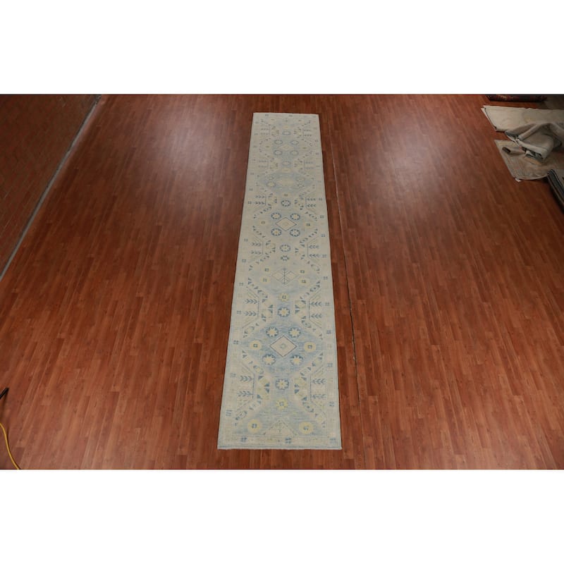 Hand Knotted Oriental 100% Wool Carpet Transitional Geometric Navy Blue & Blues Oushak Runner Rug - 16' 0'' X 3' 4''