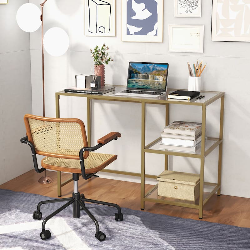 Gymax Computer Desk Tempered Glass Workstation Vanity Table w/ 2-Tier