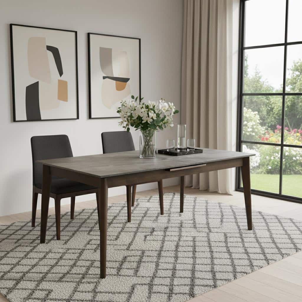 HomeRoots 86" Gray and Walnut Wood Self-Storing Leaf Extendable Dining Table - 70.90 in. x 29.53 in. x 36.10 in.