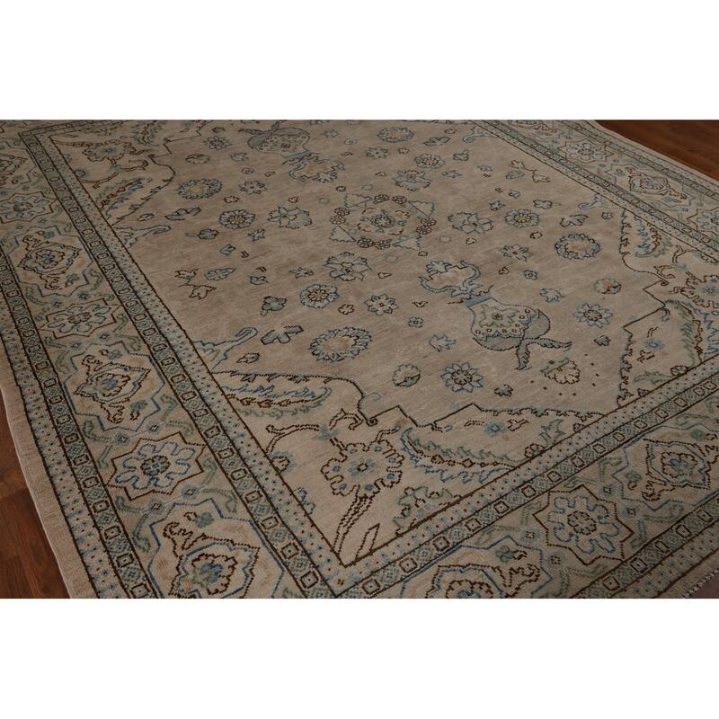 Vegetable Dye Oushak Turkish Rug Handmade Beige Floral Wool Carpet - 7'10"x 9'6"