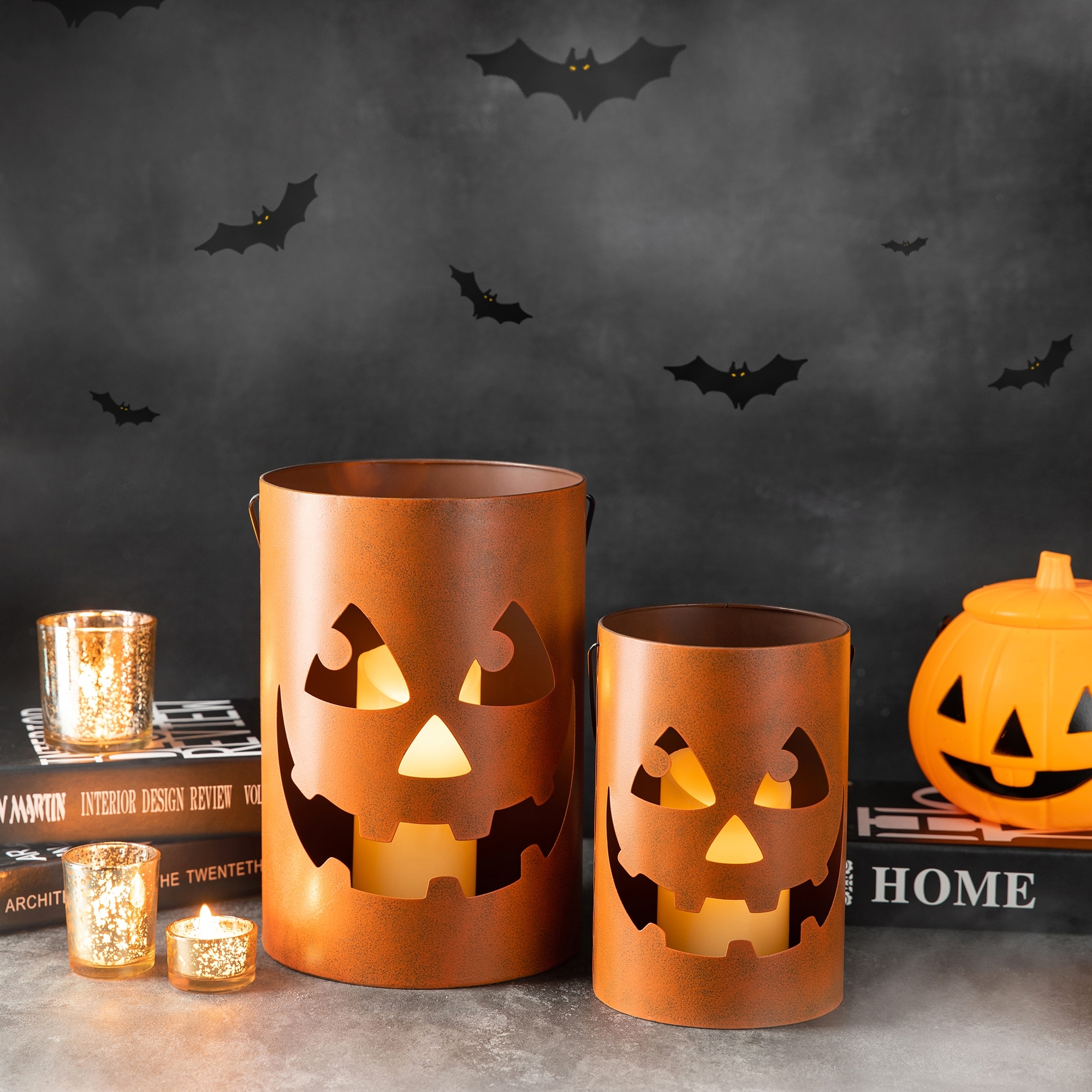 Glitzhome Set of 2 Halloween Metal Jack-O-Lantern Bucket Candle Holder Porch Decor
