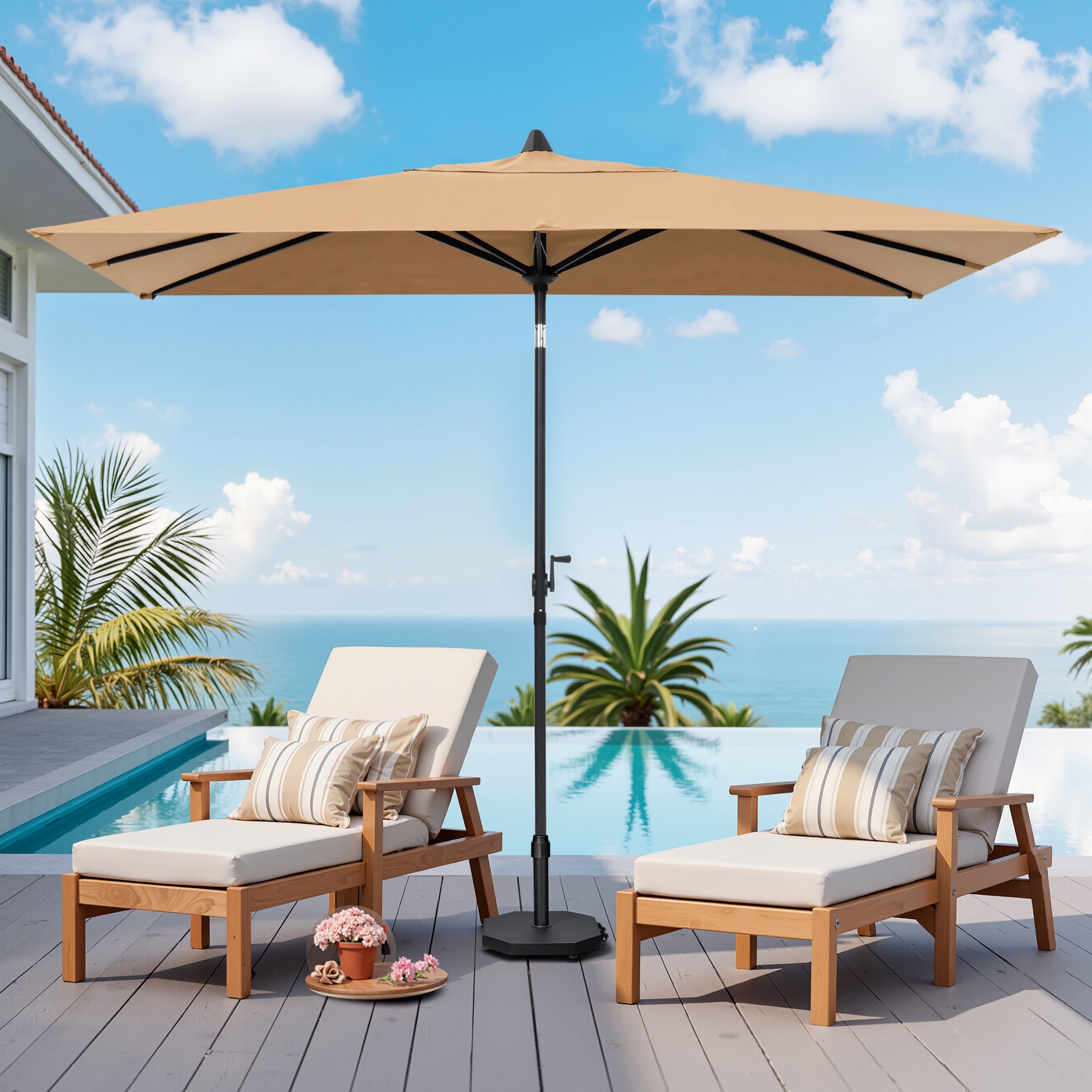 9 x 5 FT Outdoor Patio Rectangular Market Umbrella and Base Stand with Wheels