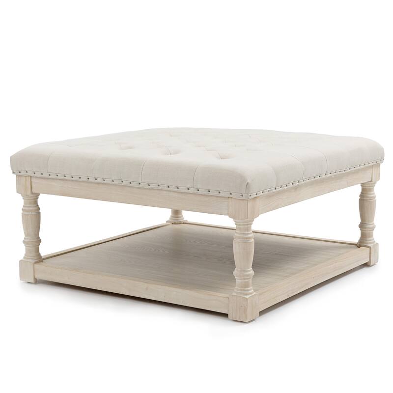 Cairona Tufted Textile 34-inch Shelved Ottoman Table - StoneTop/BleachedWood