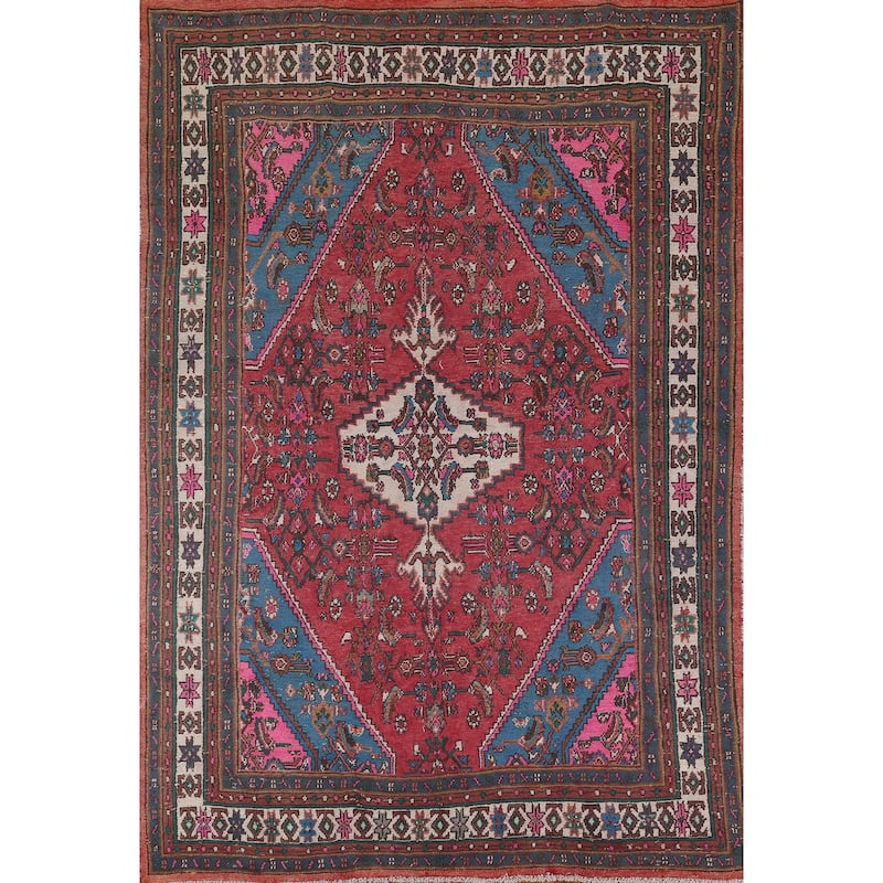 Pink & Turquoise Hamedan Persian Vintage Area Rug Handmade Wool Carpet - 6'10" x 9'8"