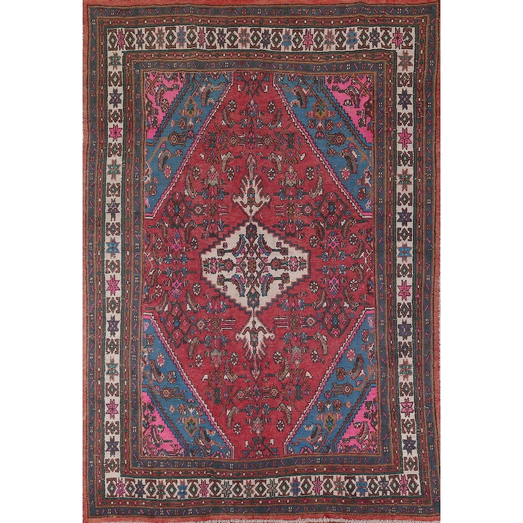 Pink & Turquoise Hamedan Persian Vintage Area Rug Handmade Wool Carpet - 6'10" x 9'8"