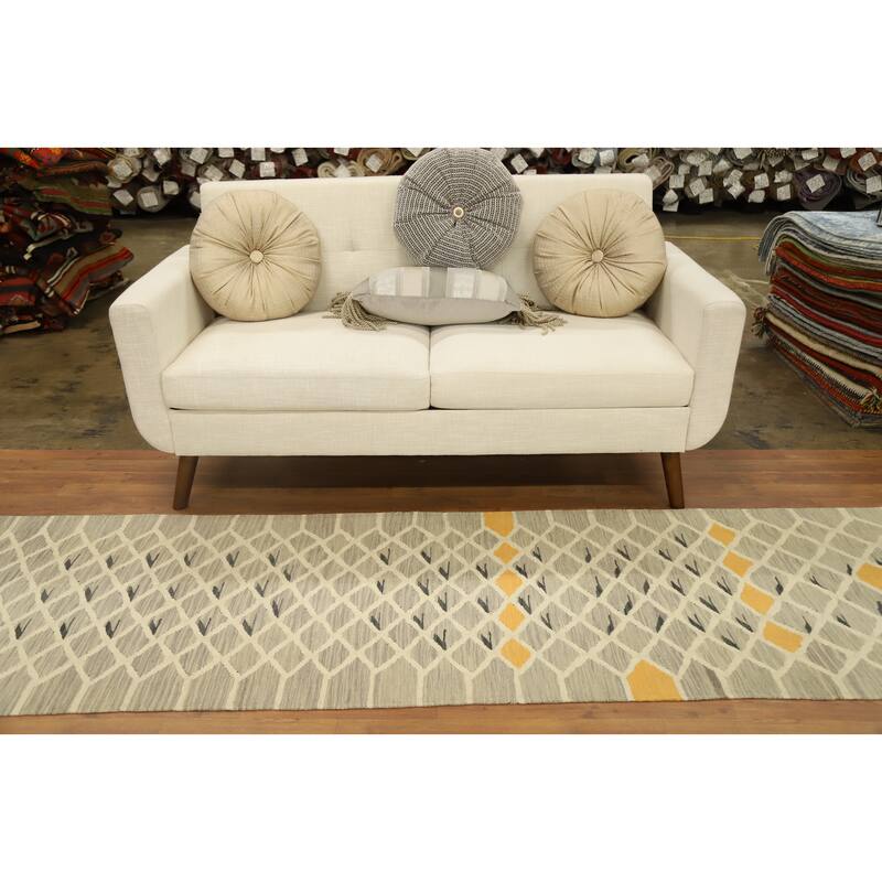 Hand Woven Oriental 100% Wool Carpet Southwestern Modern Greys & Charcoal Kilim Runner Rug - 9' 9'' X 2' 8''