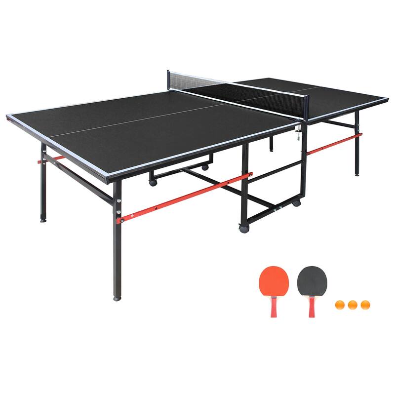 8ft Black Mid-Size Table Tennis Table Foldable & Portable Ping Pong Table Set with Net, 2 Table Tennis Paddles and 3 Balls - Black