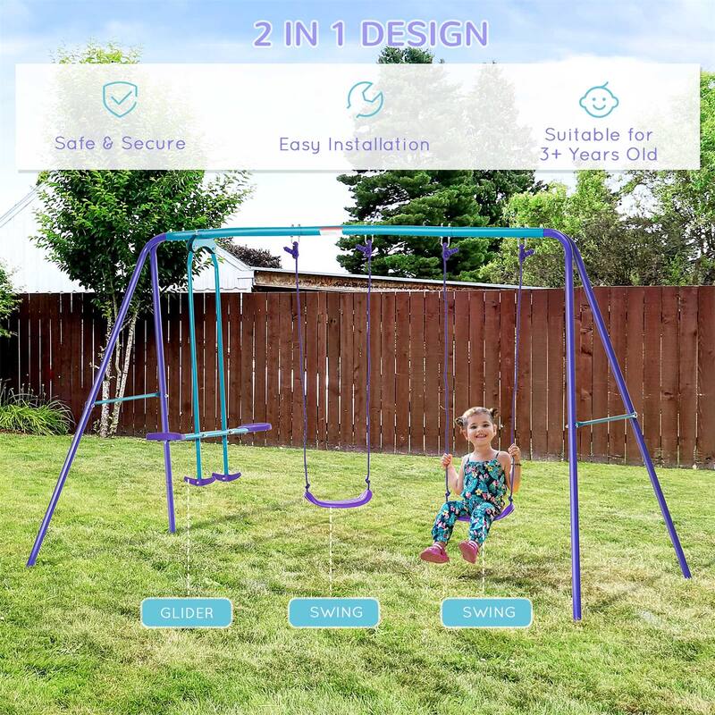Metal Swing Set with Glider, Two Swing Seats and Adjustable Height