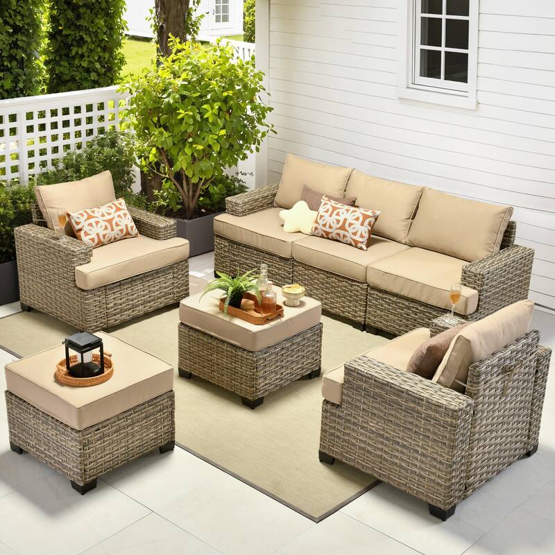 OVIOS 7-Piece T Shaped Seat Wide Armrest Patio Conversation Set - Beige