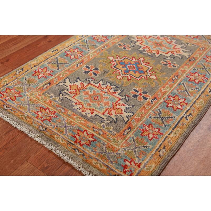 Gray Geometric Kazak Oriental Accent Foyer Rug Handmade Wool Carpet - 2'0"x 3'0"