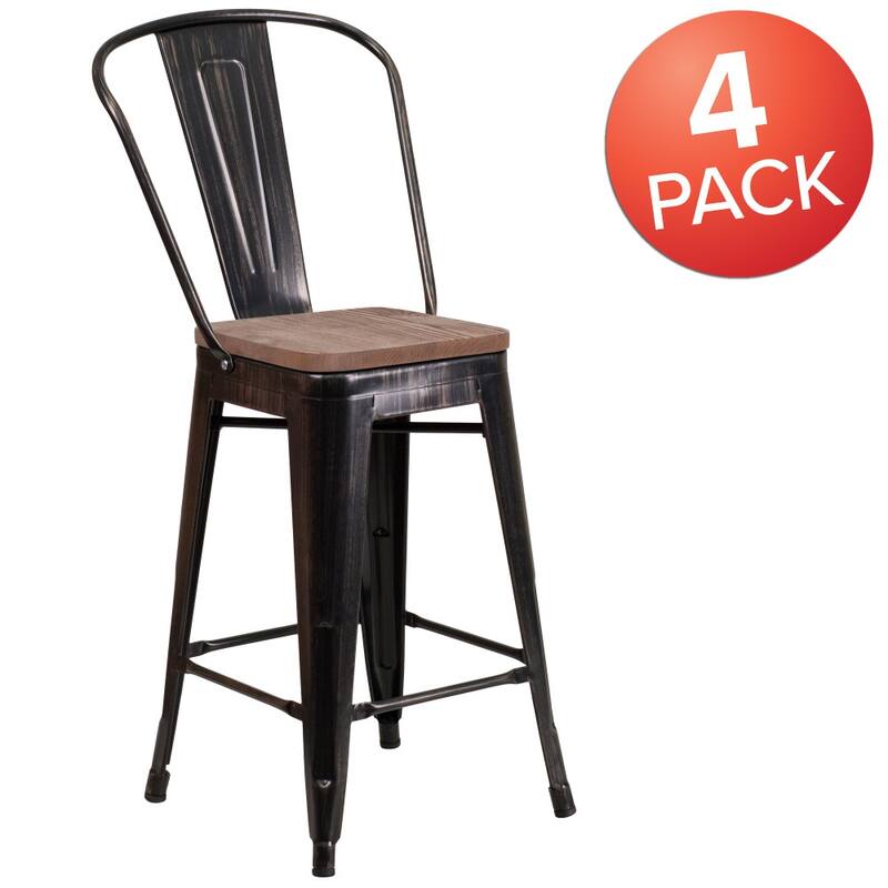 4 Pack 24" High Metal Counter Height Stool with Back and Wood Seat - 17.75"W x 20"D x 39.25"H