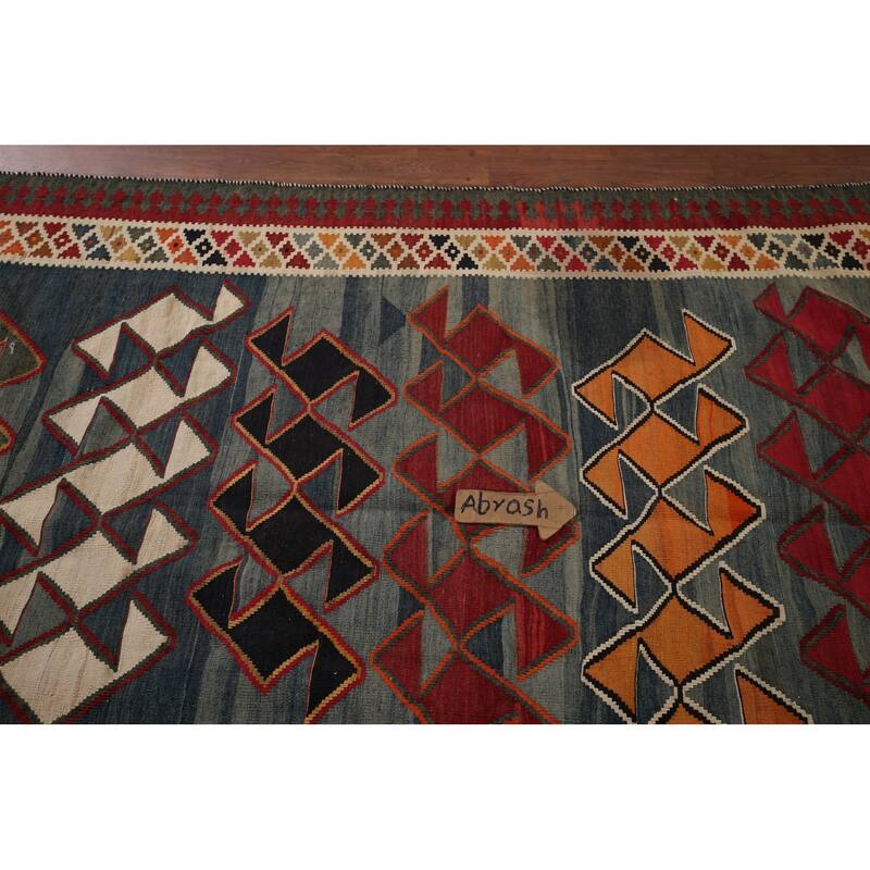 Kilim Qashqai Persian Vintage Rug Hand-Woven Blue Wool Carpet - 4'9"x 8'9"
