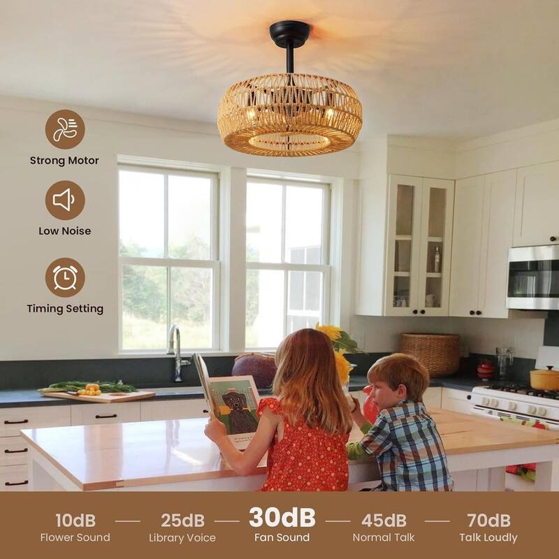 20" Boho Caged Ceiling Fan with Lights Remote Control Rattan Low Profile Ceiling Fan Farmhouse Ceiling Fansfor Kitchen Bedroom