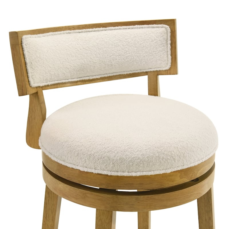 Noely Modern Farmhouse Swivel Wood Counter Height Kitchen Bar Stool with White Boucle Fabric Upholstered Seat