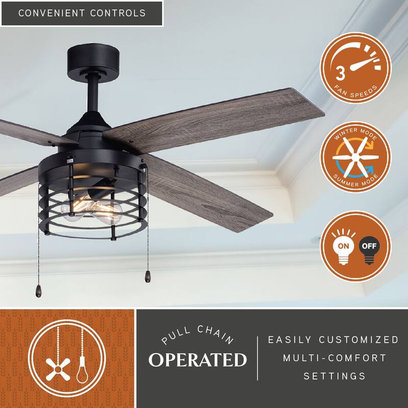 Rowan Matte Black Industrial 52-in. Ceiling Fan with LED Cage Light Kit - 52-in W x 17.5-in H x 52-in D
